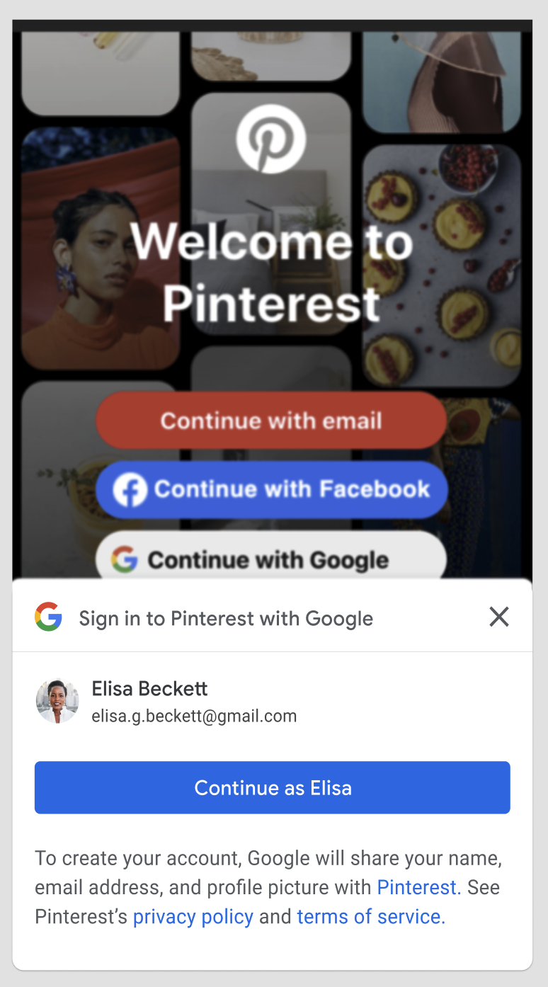 Capture d&#39;écran de l&#39;application Android Pinterest utilisant One Tap du service Google Identity.