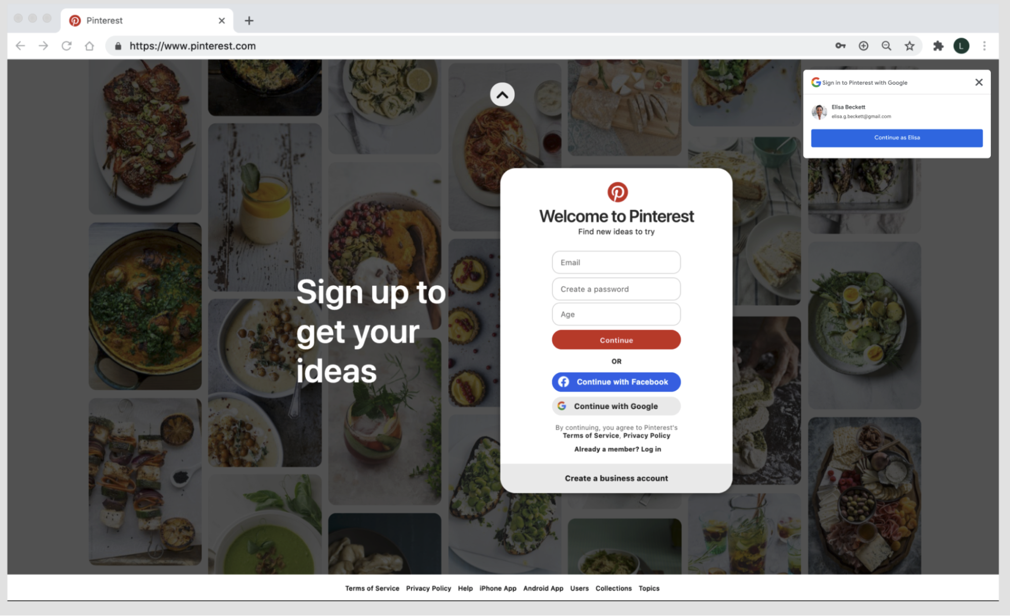 Ảnh chụp màn hình trang web Pinterest bằng dịch vụ One Tap của Google Identity.