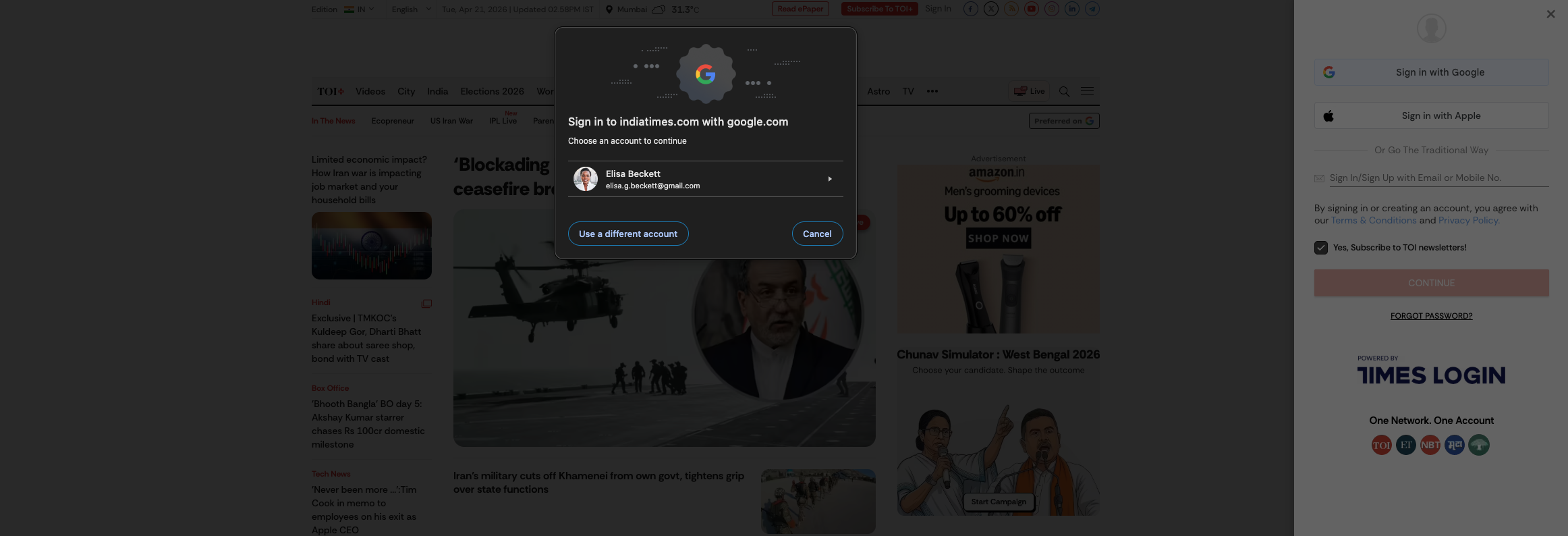 צילום מסך של הלחצן 'כניסה באמצעות חשבון Google' של The Times of India ב-FedCM באינטרנט.