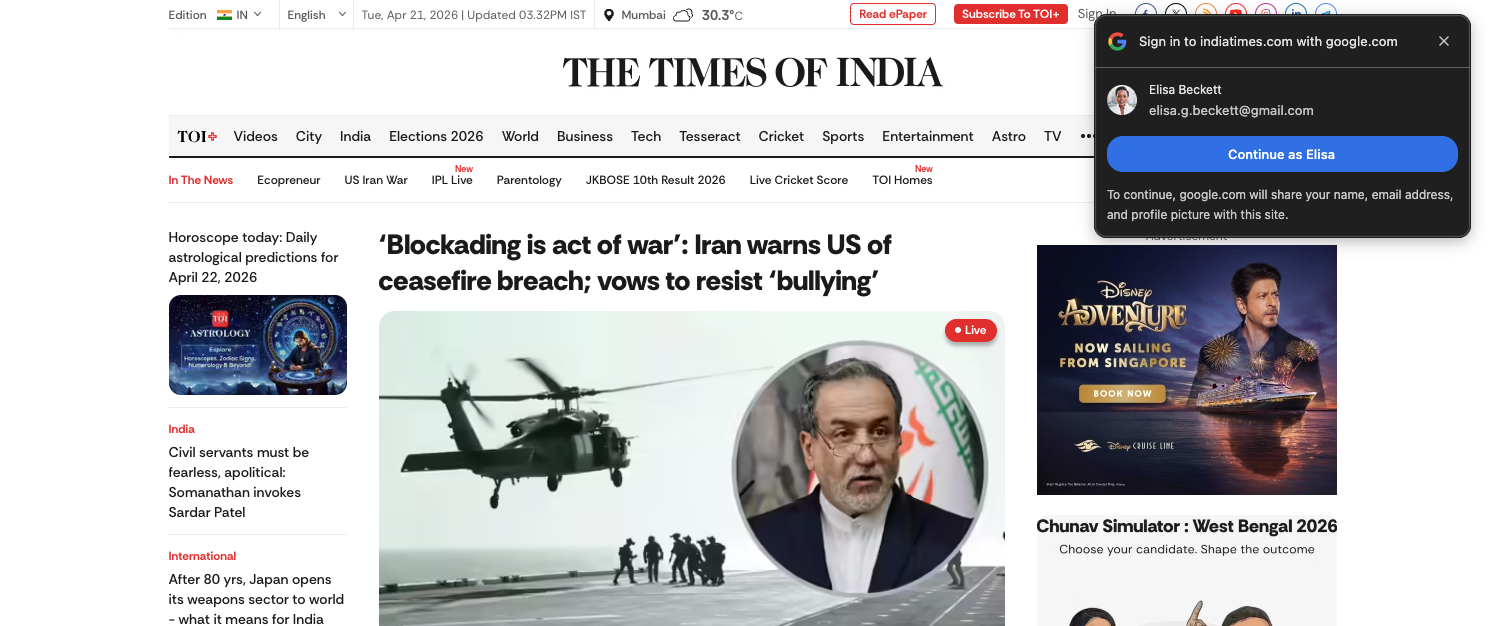 צילום מסך של הכניסה ל-The Times of India באמצעות FedCM בלחיצה אחת ב-Google One באינטרנט.