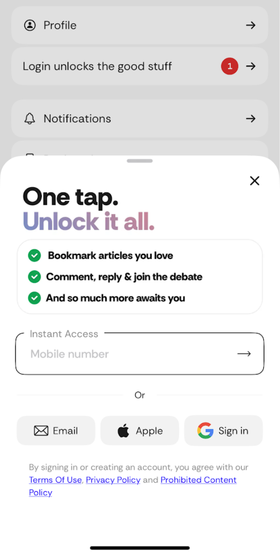 צילום מסך של דף הכניסה ל-The Times of India באפליקציית iOS.