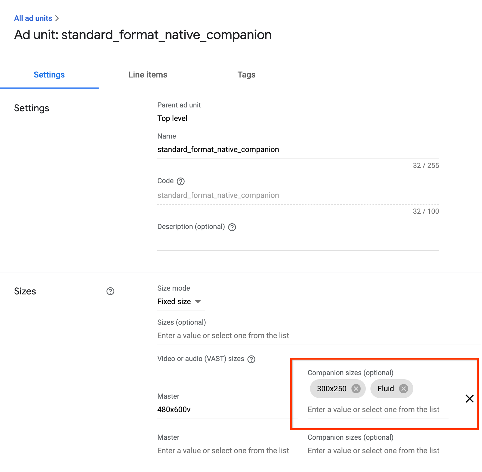 图片：显示 Ad Manager 的随播广告设置。突出显示“随播广告素材尺寸”选项。
