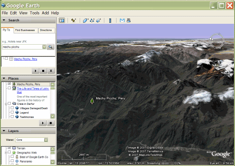 captura de pantalla de la marca de posición Machu Picchu en Google Earth