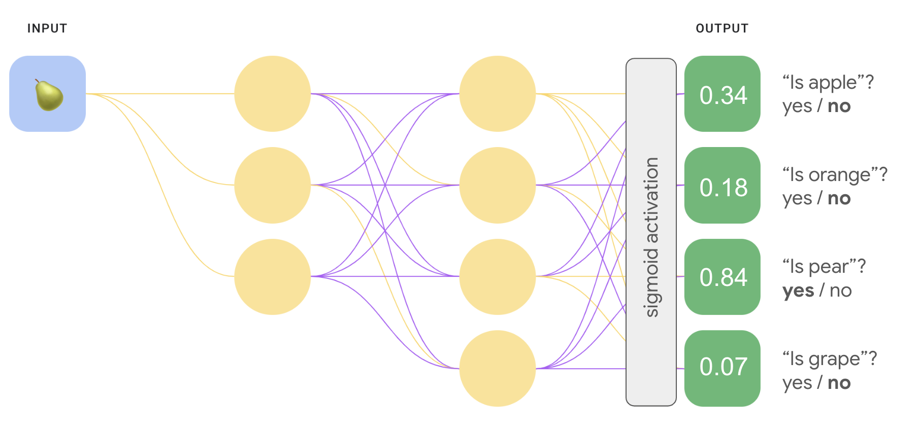 Immagine 8. Una rete neurale con la seguente architettura: livello di input con
      1 nodo, strato nascosto con 3 nodi, strato nascosto con 4 nodi,
      di output con quattro nodi. Al nodo di input viene inserita l'immagine di una pera.
      Al livello di output viene applicata una funzione di attivazione sigmoidea. Ciascuna
      nodo di output rappresenta la probabilità che l'immagine sia un
      frutta. Il nodo di output 1 rappresenta "Is apple?" e ha un valore di 0,34.
      Il nodo di output 2 rappresenta "Is arancione?" e ha un valore di 0,18.
      Il nodo di output 3 rappresenta "Is pear?" e ha un valore di 0,84.
      Il nodo di output 4 rappresenta "Is grape?" e ha un valore di 0,07.