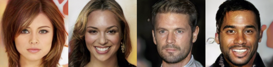 Image de quatre visages photoréalistes créés par un réseau génératif antagoniste.