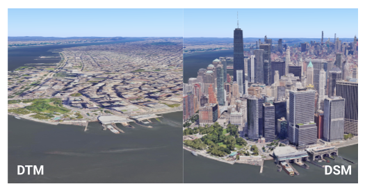 一张 3D 地图，显示了数字地形模型 (DTM) 和数字地表模型 (DSM) 之间的区别。
