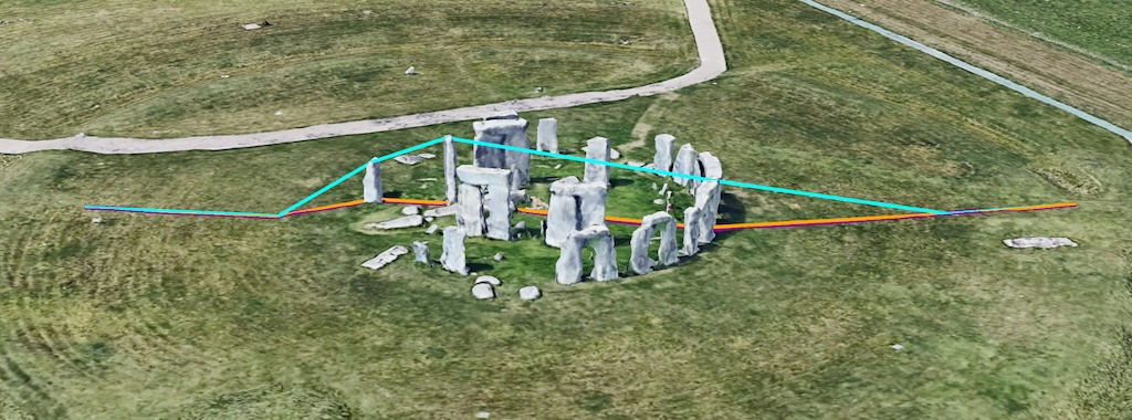 一张 3D 地图，显示了巨石阵周围的多条彩色线条（橙色、蓝色），其中白色和紫色线条因缺少海拔数据而合并。