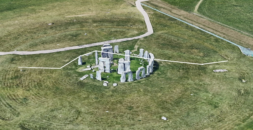 一张 3D 地图，显示了使用绝对定位功能在巨石阵周围放置的一条白线。