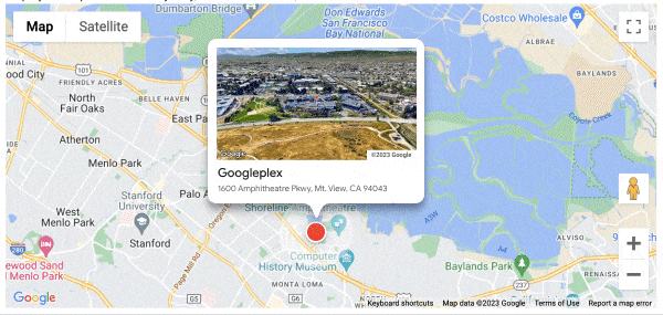 GIF animado mostrando um mapa com um cartão interativo exibindo um vídeo com vista aérea do complexo Googleplex. Este cartão informativo aparece quando o cursor está posicionado sobre o marcador relevante.
