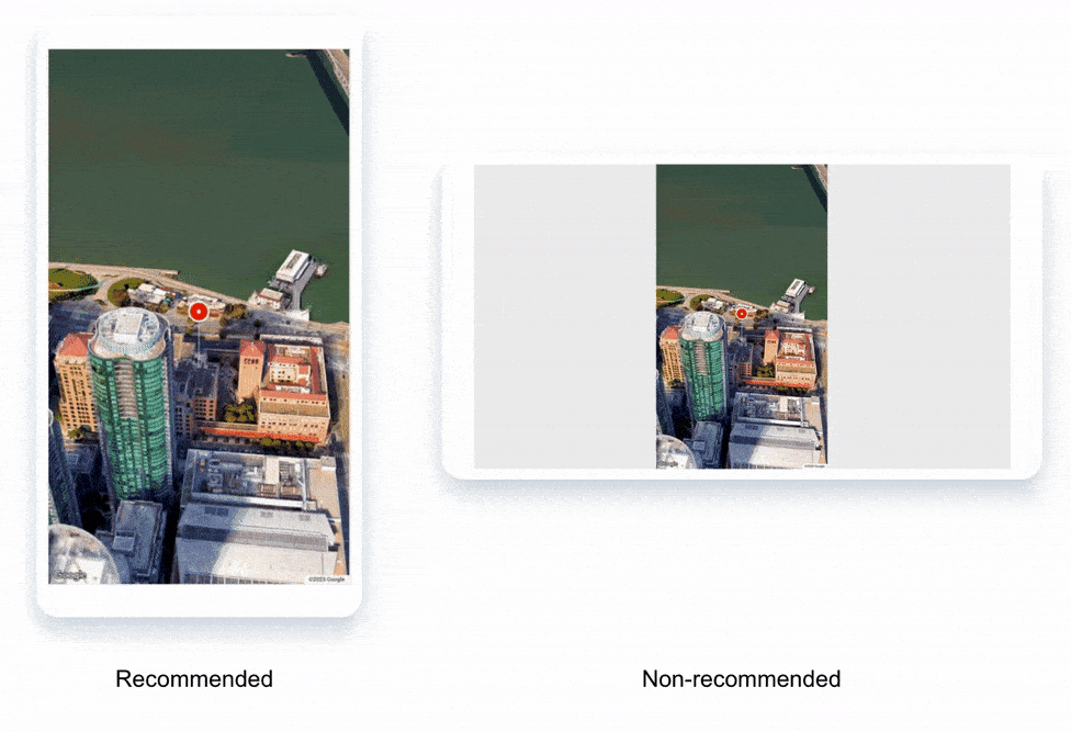 Animated gif showing two devices, one in portrait mode and the other in
landscape mode. Both devices have the video displayed in portrait mode. Written
underneath the portrait mode device is Recommended, and written underneath the
landscape is Non-recommended.
