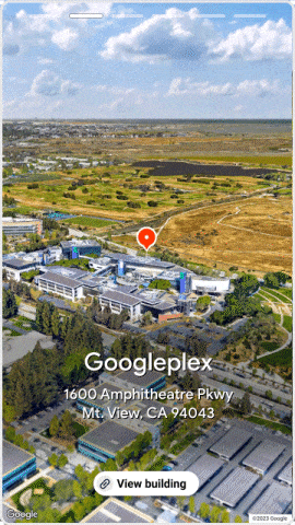 GIF animado com um exemplo de um vídeo de Vista Aérea sendo exibido em uma experiência narrativa, no modo retrato. O vídeo da Vista aérea está no segundo slide, e um botão na parte de baixo diz "Ver prédio".