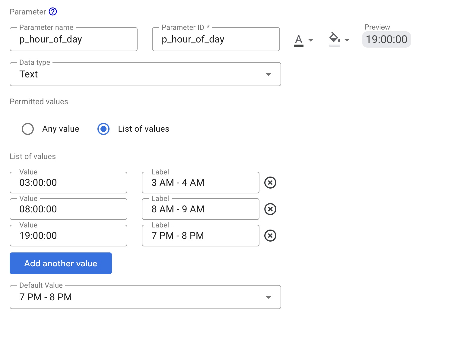 Configuration interface for the p_hour_of_day parameter showing the list of values section where time strings are mapped to readable labels.