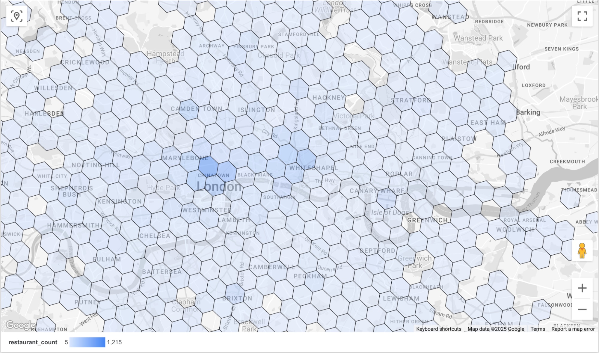 A filled map of London overlaid with a hexagonal grid, where darker blue cells indicate a higher concentration of restaurants. The legend indicates density counts ranging from 5 to 1,215.