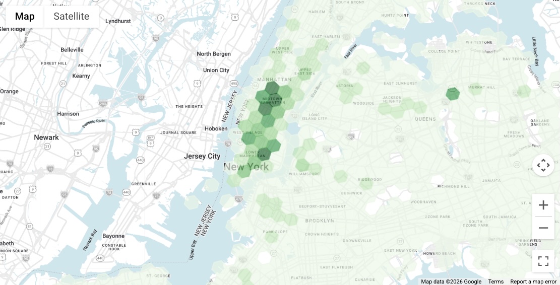 Map visualization showing green H3 hexes of varying opacity over New York
City, indicating high business density in Manhattan.