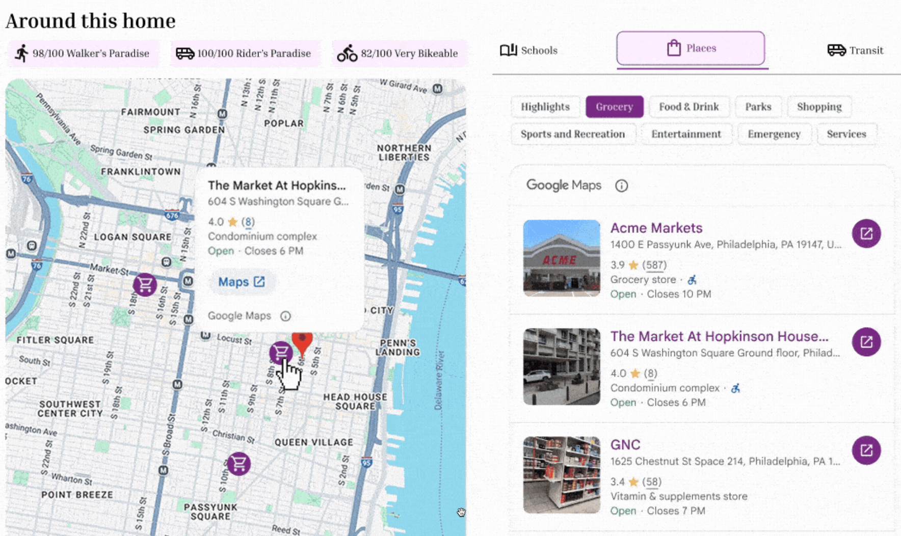 Liste de lieux à côté d'une carte. Un repère est sélectionné et ses détails s'affichent sur la carte.
