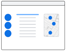 Carte avec une liste de points bleus séparés par du texte, avec une carte avec des points bleus de l&#39;autre côté du texte.