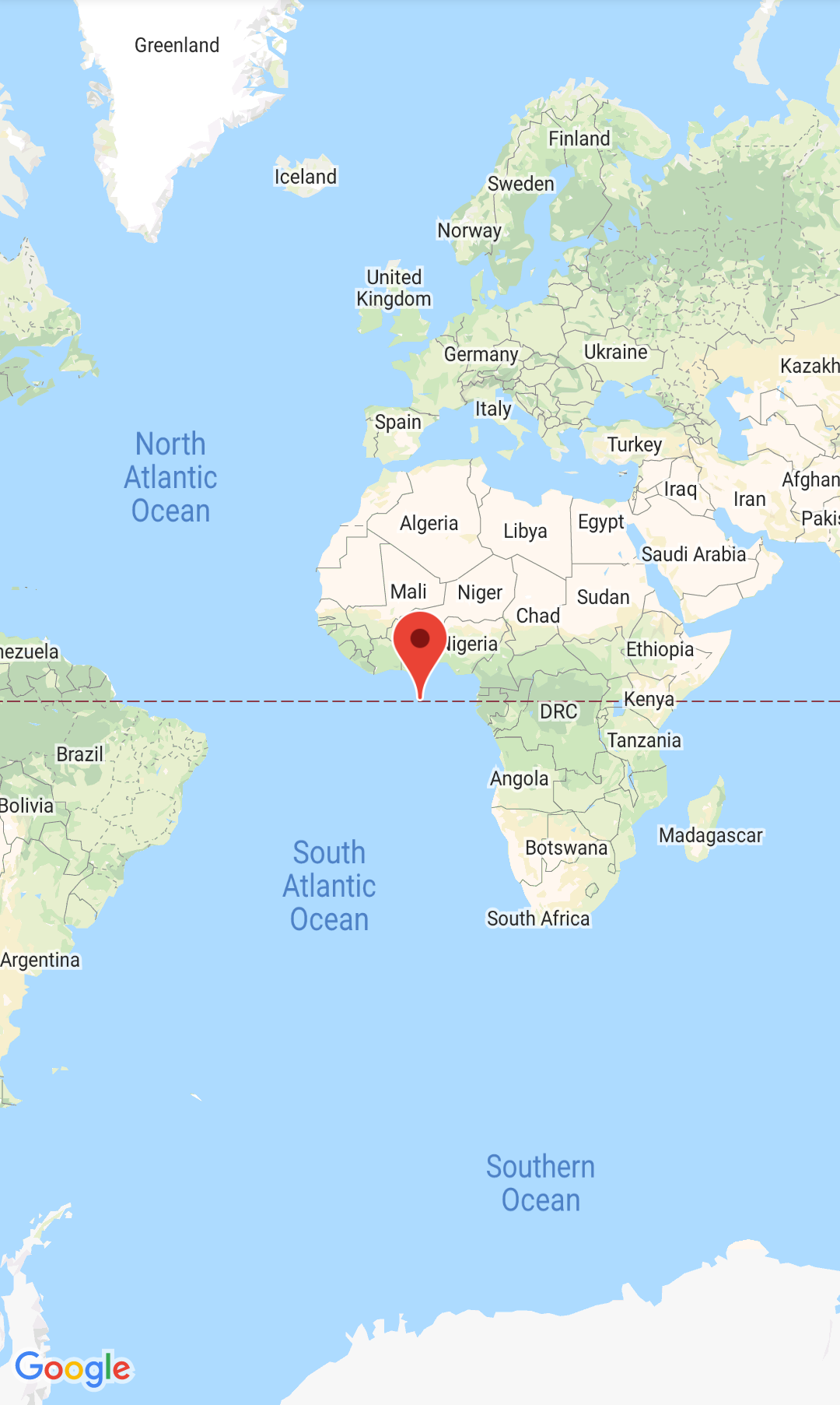 Capture d&#39;écran avec la carte et le repère centrés sur Null Island.