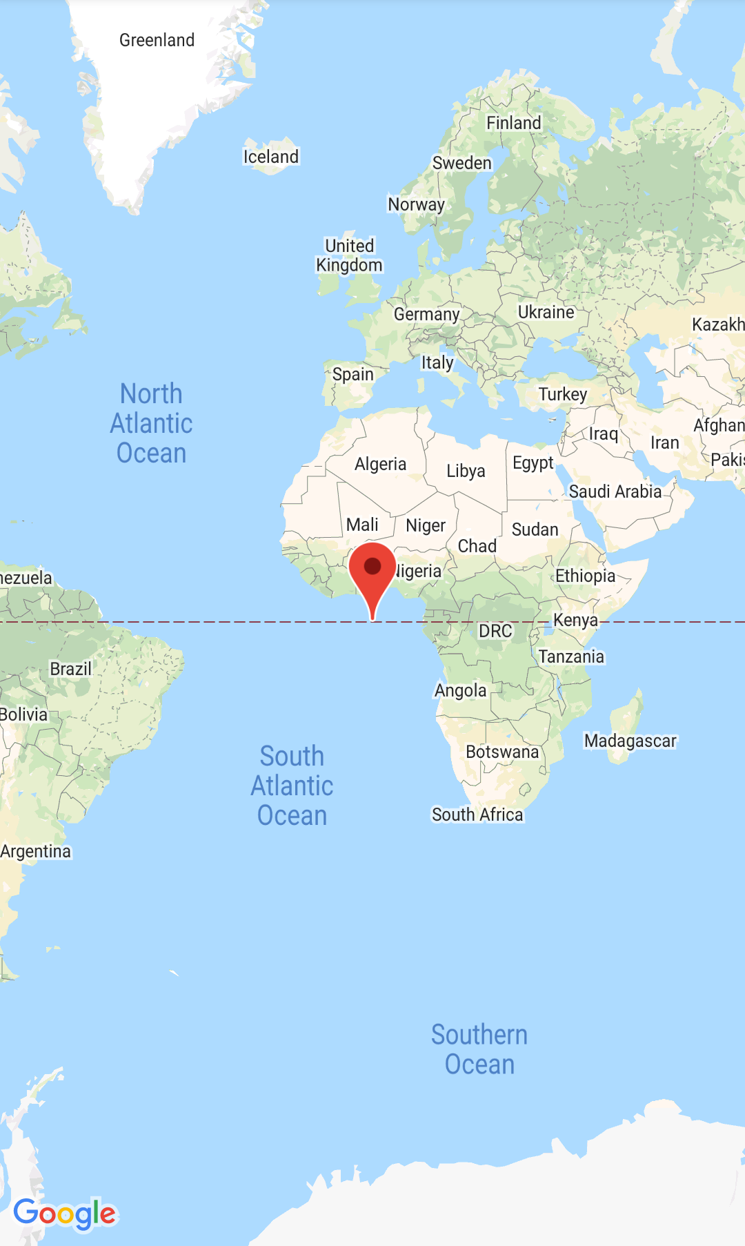 لقطة شاشة للخريطة والعلامة في وسط جزيرة Null Island