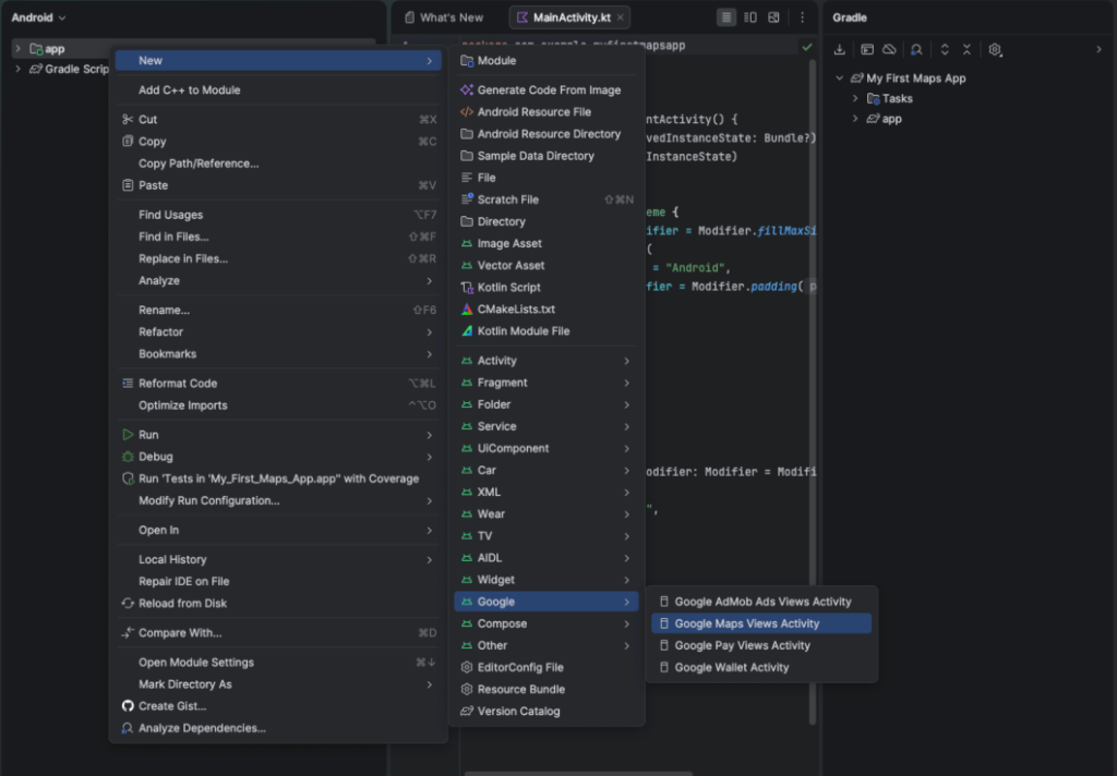 Android Studio 中 app 文件夹的上下文菜单，其中依次选择了“New”“Google”和“Google Maps Views Activity”。