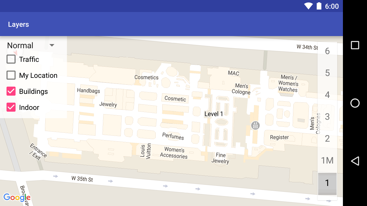 An indoor map of a shopping mall that shows the exits and merchandise sections.