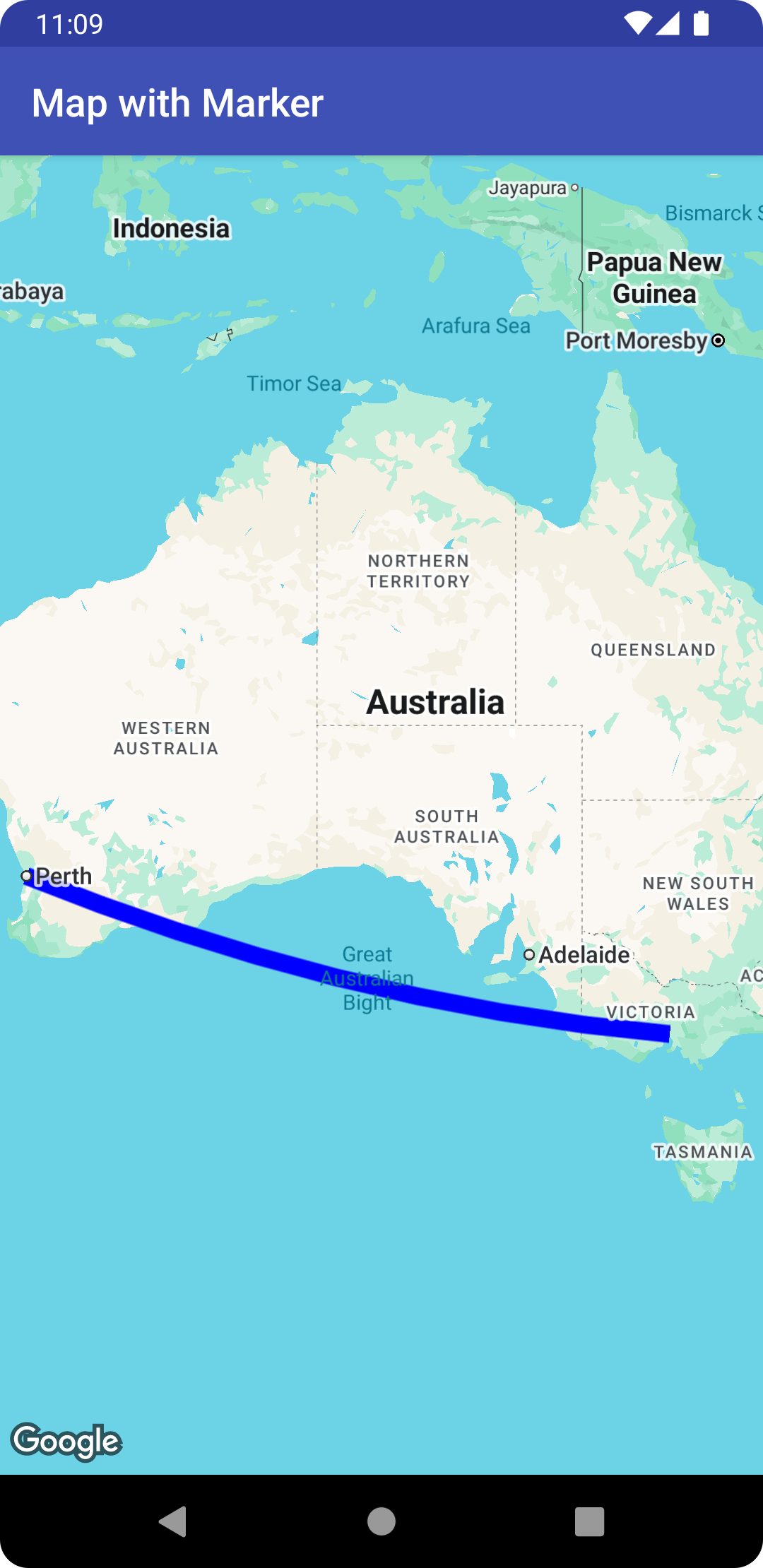 Mapa con una polilínea de Melbourne a Perth