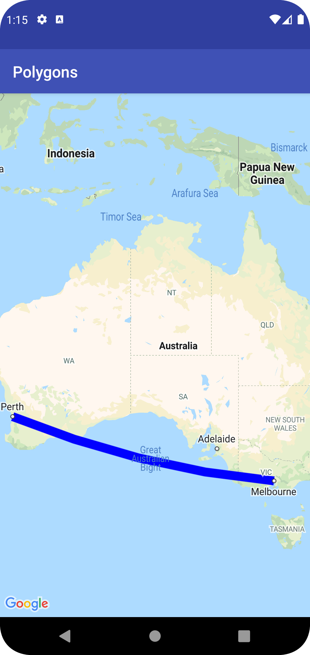 Mapa z wielolinią z Melbourne do Perth