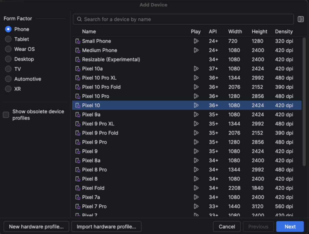 Android Studio 中的“Add Device”对话框，其中显示了 Pixel 10 等手机配置文件，并在“Play”列中显示了 Google Play 图标。