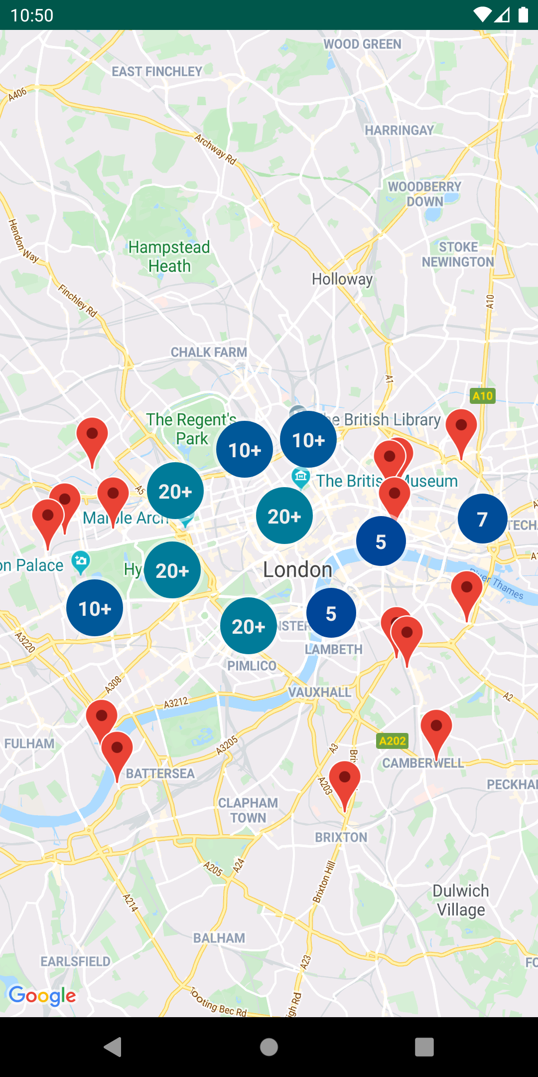 Une carte avec des repères regroupés