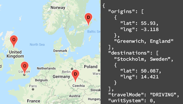 mapa pokazująca miejsce wylotu i przylotu na mapie i w odpowiedzi interfejsu API