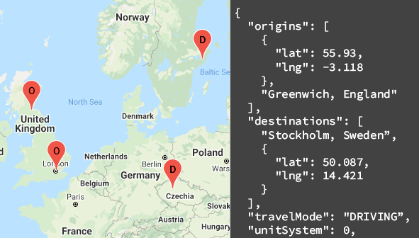 mapę pokazującą punkty początkowe i docelowe na mapie oraz w odpowiedzi interfejsu API;