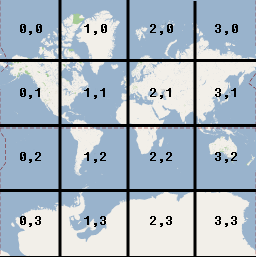दुनिया का मैप, जिसे चार पंक्तियों और चार कॉलम में टाइलों से बांटा गया है.