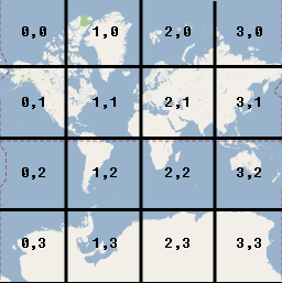 แผนที่โลกแบ่งออกเป็น 4 แถวและไทล์ 4 คอลัมน์