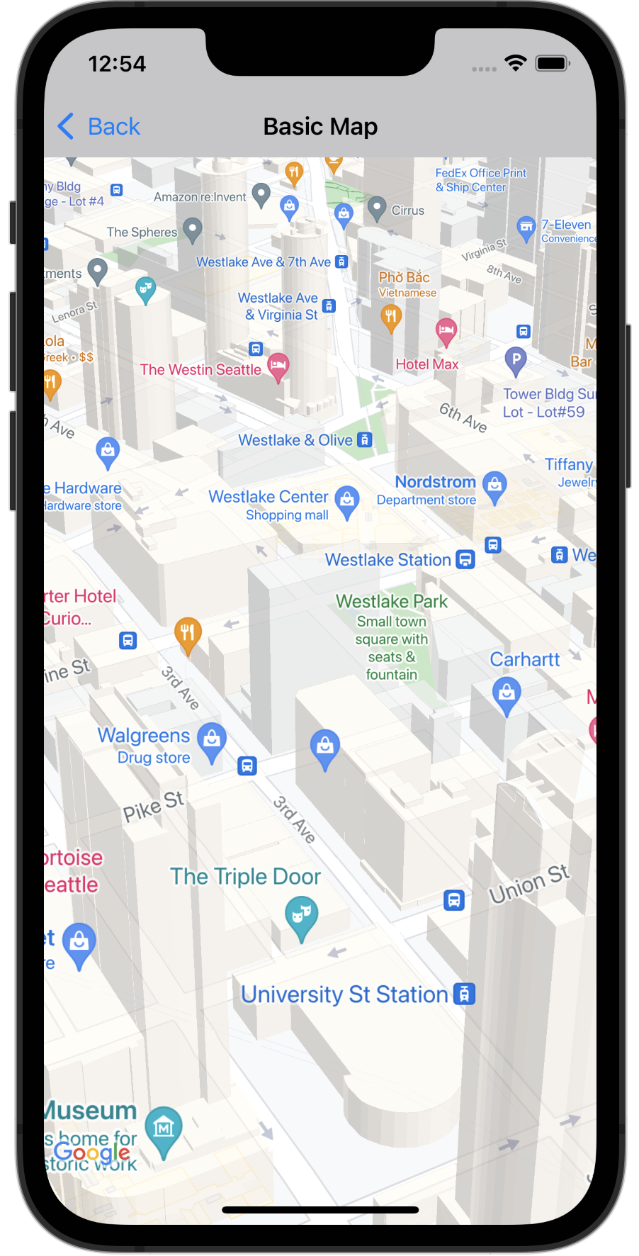 A 3D map of buildings in Seattle, Washington.