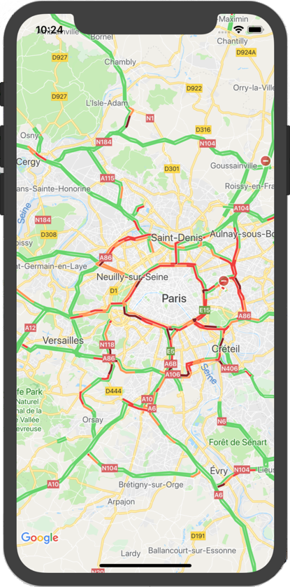 ट्रैफ़िक लेयर को दिखाने वाला Google मैप