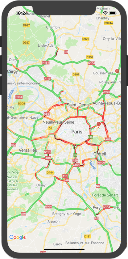 Um mapa do Google mostrando a camada de trânsito