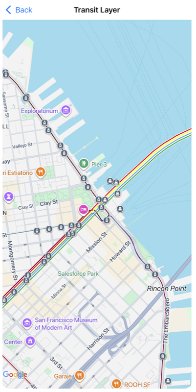 显示公交层信息的 Google 地图