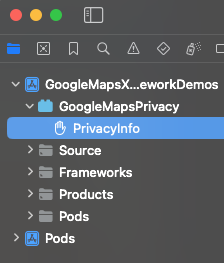 Zrzut ekranu z informacjami o prywatności Xcode