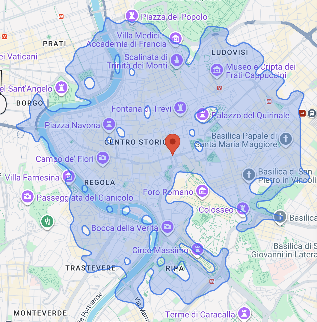 isochrone de marche à Rome sans lissage
