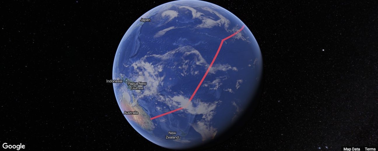 Red polyline drawn across surface of earth