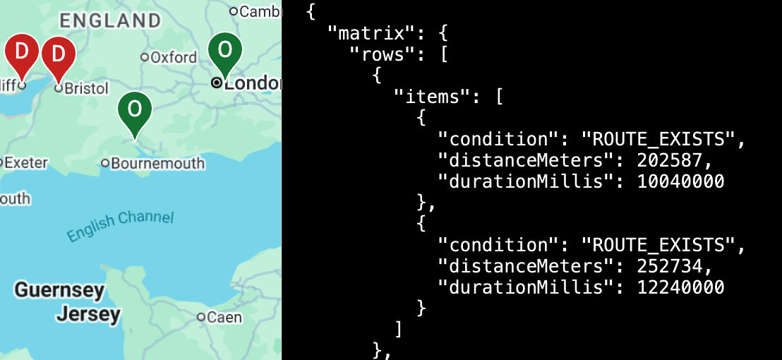 Distance matrix on a map.