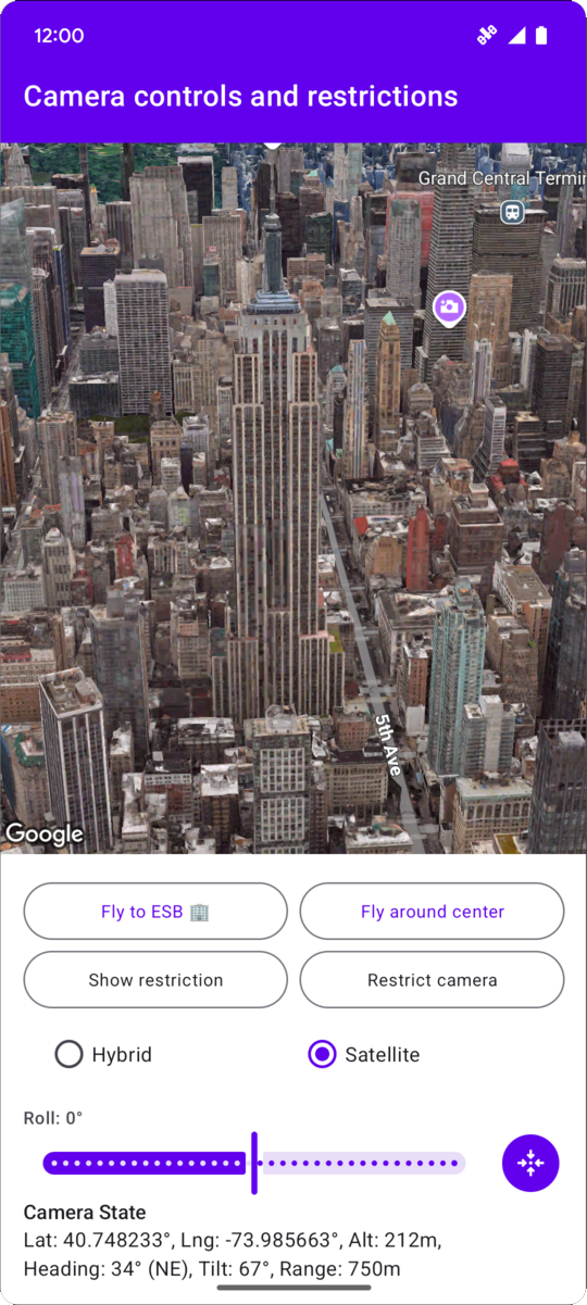 ক্যামেরা নিয়ন্ত্রণের বিধিনিষেধ দেখানো একটি মানচিত্র দৃশ্য