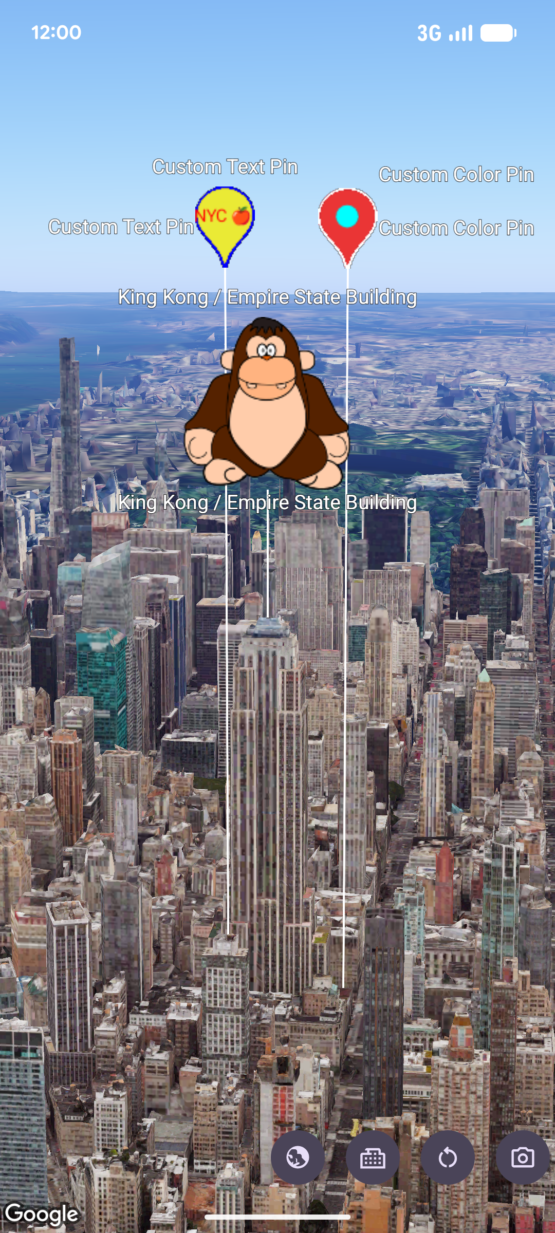 Immagine 3D di New York con l'Empire State Building e tre indicatori digitali personalizzati che fluttuano sopra, tra cui un gorilla in stile cartone animato con l'etichetta 