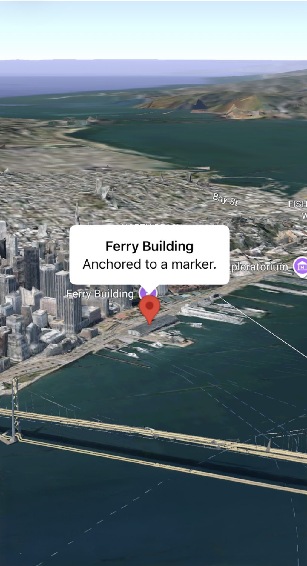 Map of San Francisco with marker and popover over the Ferry Building.