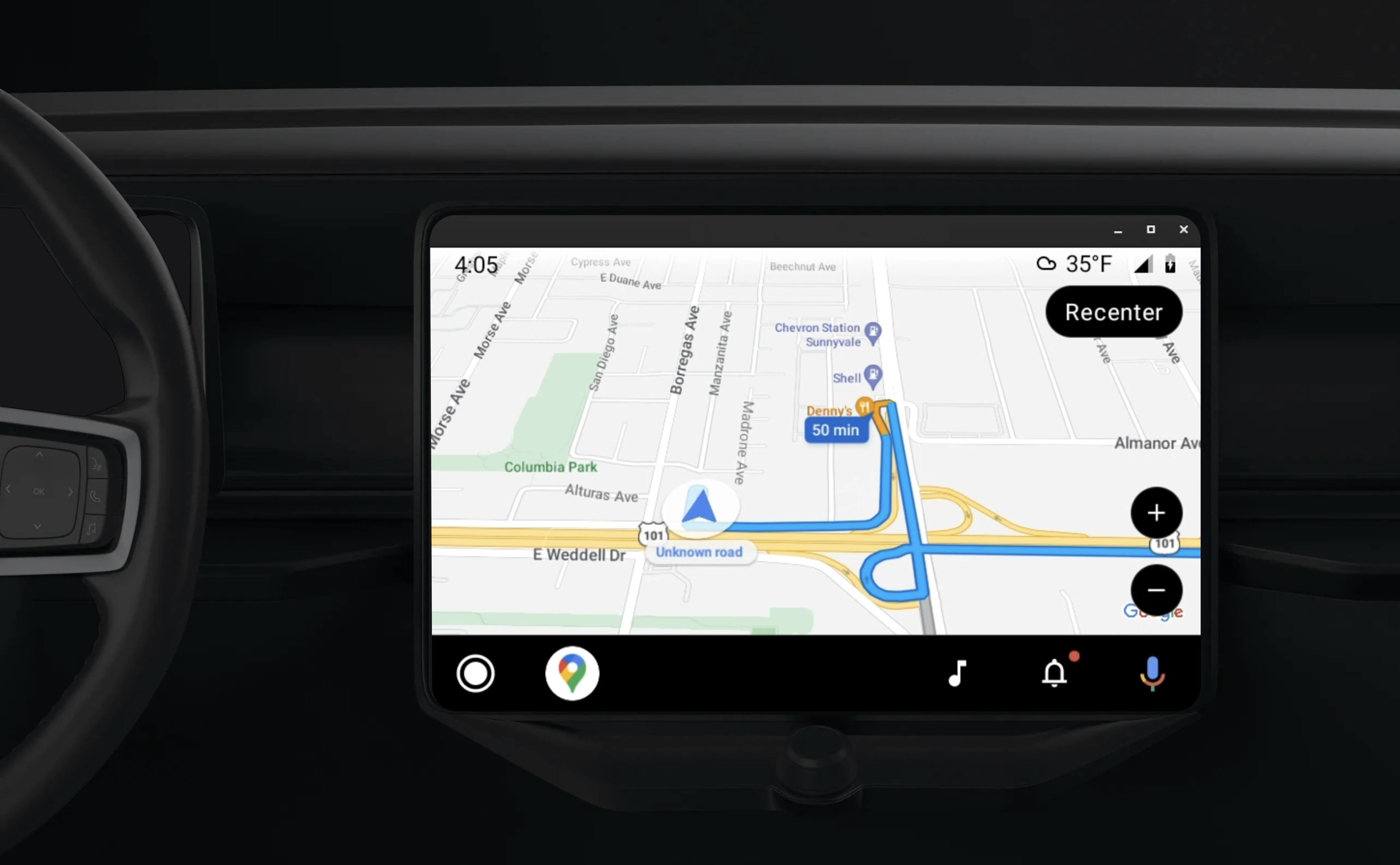 एक इन-डैश हेड यूनिट, जो Android Auto के लिए चालू किए गए ऐप्लिकेशन का इस्तेमाल करके, निर्देशों के साथ नेविगेशन दिखाता है.