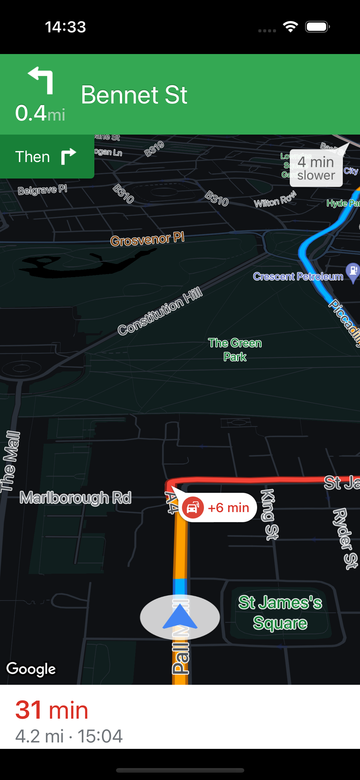 屏幕截图：在 iPhone 15 Pro 上运行的 Navigation SDK，采用深色地图样式。
