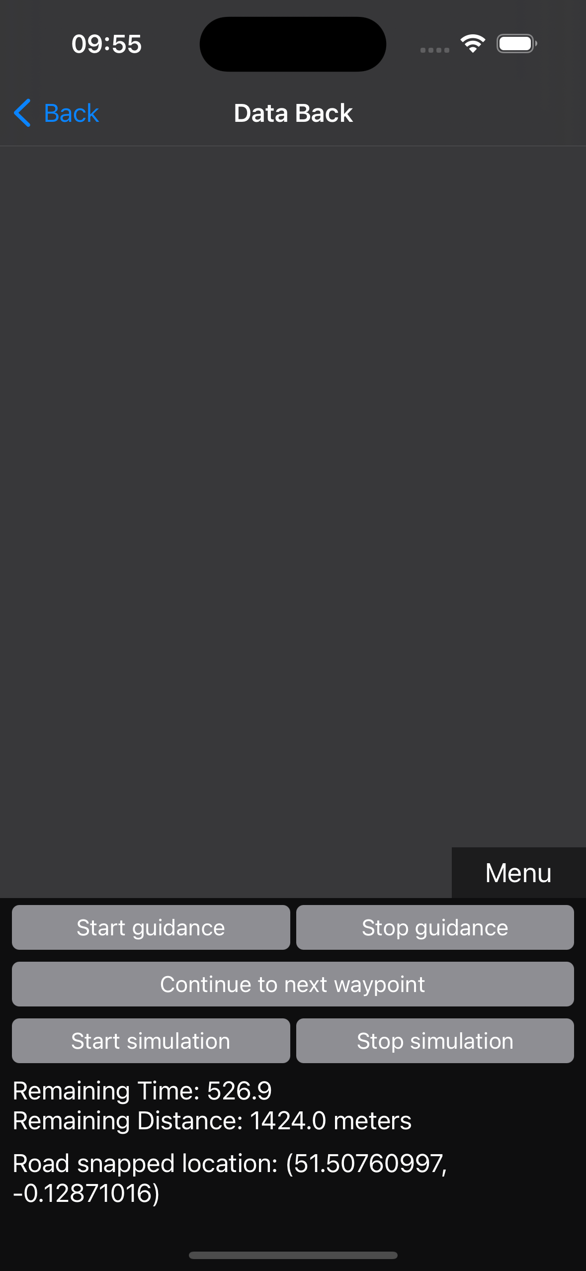 Application de démonstration exécutée sans vue de carte visible.