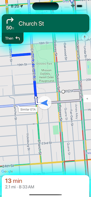 Uma tela de dispositivo móvel que mostra uma próxima curva à direita a 15 metros na Church Street. Na parte de baixo da tela, o tempo restante até o destino é de 13
minutos, e a distância restante é de 3,2
km.