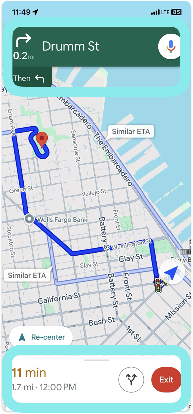 Una pantalla de dispositivo móvil que muestra un próximo giro a la derecha en 15 metros hacia Church Street. En la parte inferior de la pantalla, se indica que faltan 13 minutos para llegar al destino y 2.1 millas.
