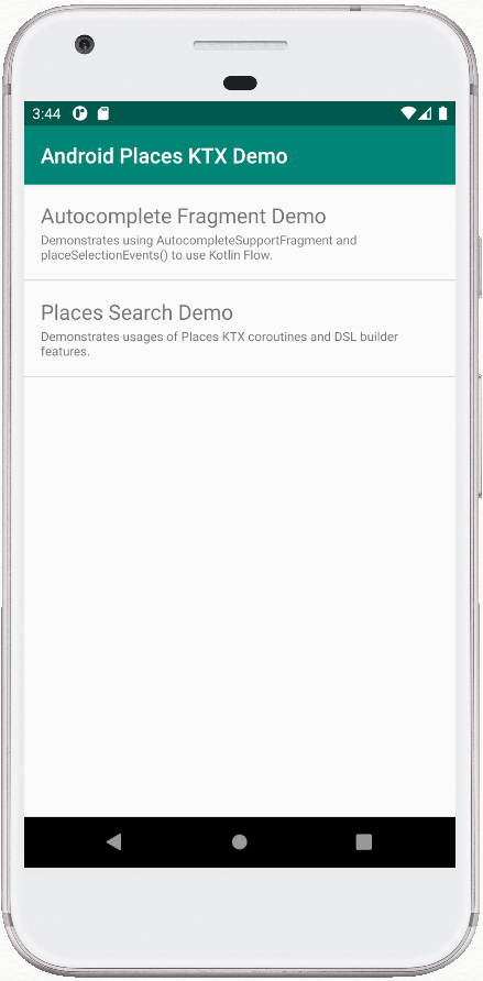Layar pertama aplikasi contoh KTX Places, yang menampilkan pilihan Anda