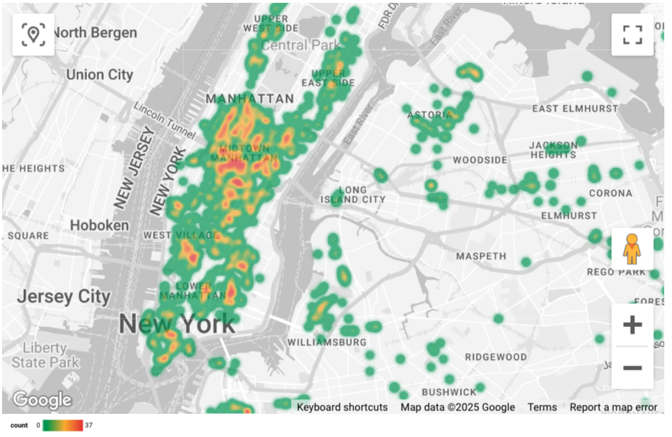 Abfrageergebnisse als Karte mit ausgefüllten Bereichen und Heatmap